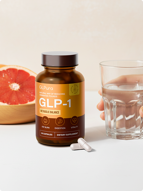 GLPura avec verre d'eau et capsule